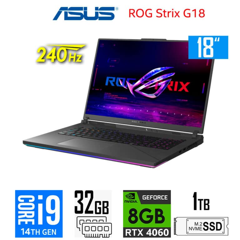 ASUS ROG Strix G18 G814JVR IS96 | i9 14ª Gen 14900HX 5.8GHz | 32GB RAM DDR5 | RTX 4060 8GB GDDR6 | SSD 1TB | Pantalla 18